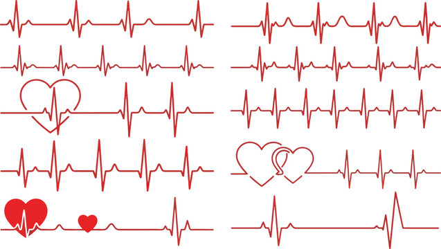 Collection of electrocardiogram heartbeats with symbolic heart shapes