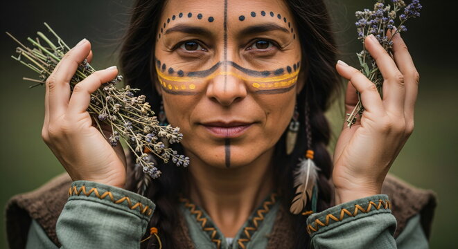 A woman holding a bunch of herbs. An indigenous shaman or healer practicing natural medicine. Traditional herbal medicine and alternative therapies for healthcare.