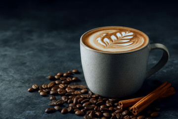 Aromatic cappuccino with coffee beans and cinnamon sticks on dark surface