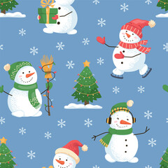 Cute winter seamless pattern with cheerful snowmen, Christmas trees and falling snowflakes. Playful festive vector design for kids decor, holiday wrapping paper, winter stationery and cozy projects