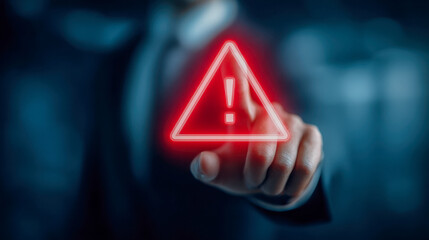 Businessman pointing at glowing red warning symbol with exclamation mark representing alert or caution in modern technology concept