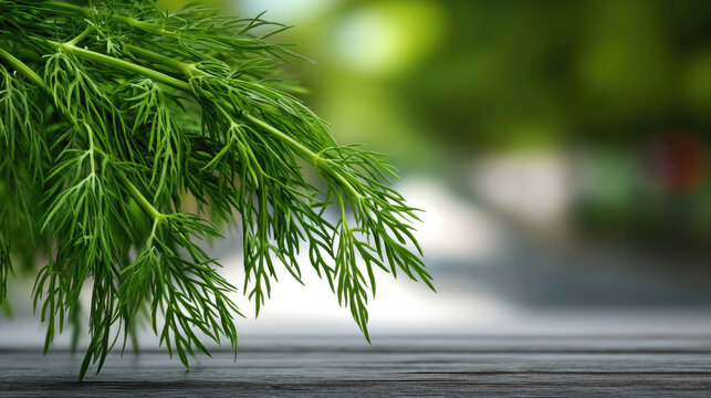 Fresh green dill leaves feathery texture on wooden table, vibrant outdoor background, natural herb culinary ingredient - Powered by Adobe