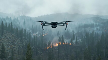 Drone view following team installing remote fire sensors on forest ridge. 