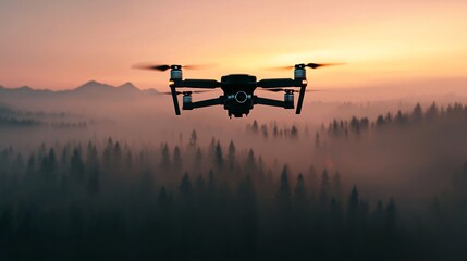 Drone view following team installing remote fire sensors on forest ridge. 