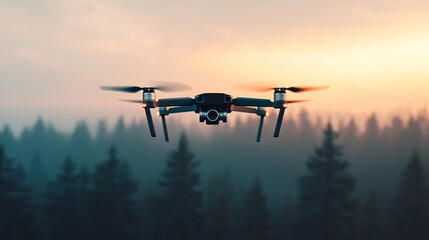 Drone view following team installing remote fire sensors on forest ridge. 