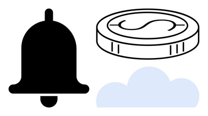 Black bell, coin with dollar sign, and light blue cloud shape represent alert, money, and cloud services. Ideal for finance, technology, notifications, savings cloud computing business concepts