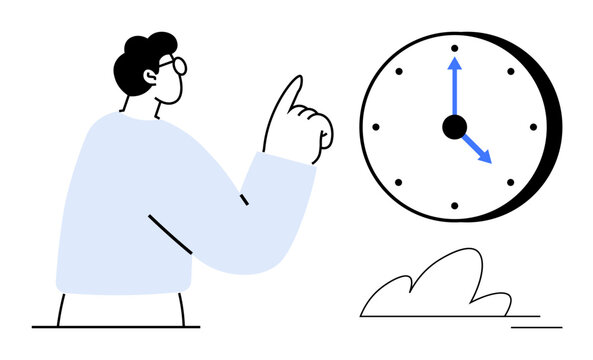 Person gesturing towards a wall clock with a blue hand, highlighting time awareness and scheduling. Ideal for productivity, planning, time management, deadlines, goal setting, work-life balance