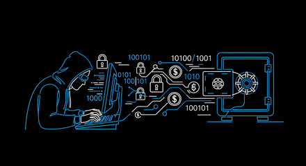 Conceptual cyber robbery with hooded hacker stealing data from computer, locks, and safe. Cyber robbery demonstrates data transfer and criminal activity through digital networks.