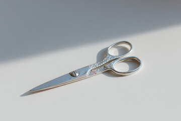 pair of elegant scissors rests on pristine white background casting soft shadow