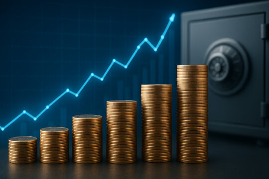 Increasing Stacks of Gold Coins with Financial Growth Chart and Safe Vault