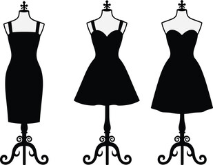 Black dress silhouettes, fashion design, elegant styles, sheath, flared, strapless, sweetheart neckline, dress form, flat vector illustration, wardrobe