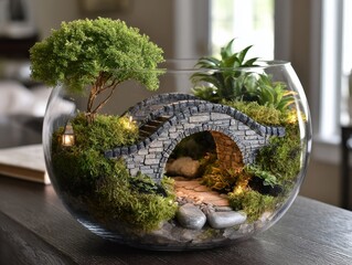 Glass bowl terrarium with stone bridge, lush moss and miniature tree. Magical forest scene enhanced by warm lights for nature-inspired home decor.