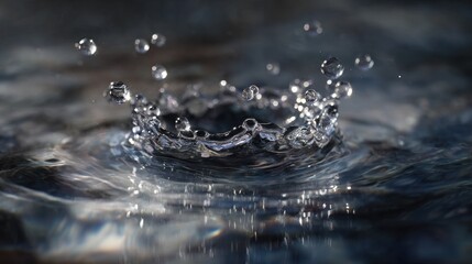 Droplets fall into still water creating ripples and splashes that shimmer under soft sunlight. This peaceful scene captures nature's beauty in a simple moment.
