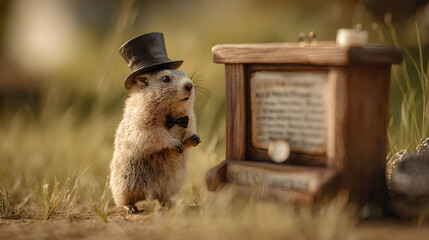 Cute groundhog wearing top hat and bow tie beside wooden box in warm sunlight creating a whimsical Groundhog Day celebration scene
