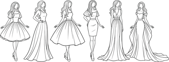 Fashion model dress collection, elegant gown, sheath dress, retro style, evening wear, formal outfit, flat vector illustration, high heels
