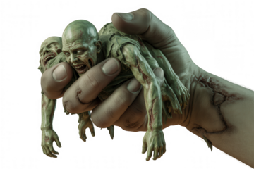 Monstrous green zombies held in a large human hand against transparent background monster