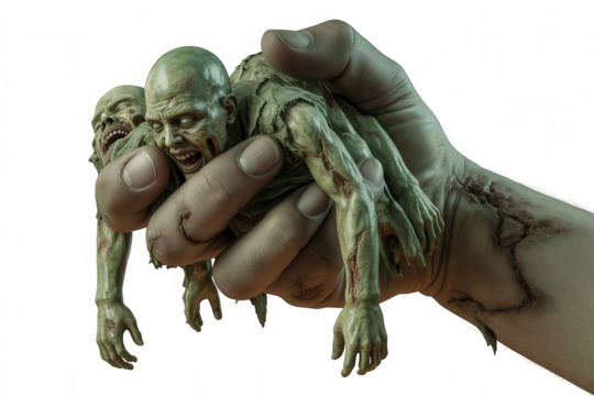 Monstrous green zombies held in a large human hand against transparent background monster