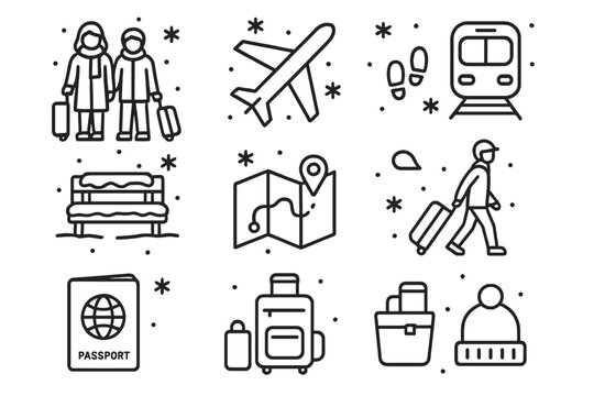 Winter Travel Icons. Couple Traveling in Snow. Line outline icon set of travelers in winter: couple in coats - Powered by Adobe