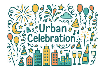 Urban Festivity Doodle. Urban celebration. Hand-drawn doodle illustration of urban celebration. Fireworks,