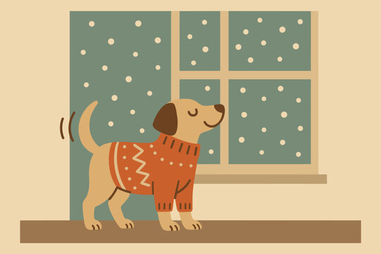 Festive Dog by Window. minimalist flat illustration of a dog wagging its tail near a window in a festive