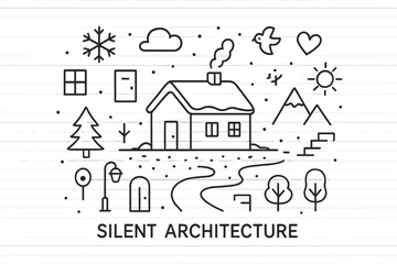 Naklejka premium Silent Snowy Architecture. Silent Architecture. Hand-drawn doodle illustration of calm minimal snowy