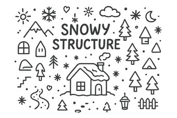 Fototapeta premium Snowy Doodle Architecture. Snowy Structure. Hand-drawn doodle illustration of minimal building in snow. In the