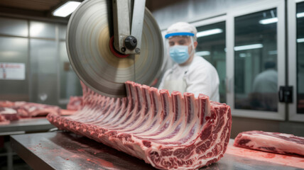 Butcher cutting raw beef ribs with band saw meat