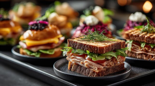 Tray presents variety of gourmet finger sandwiches at upscale event; perfect for catering, corporate events, or classy brunch