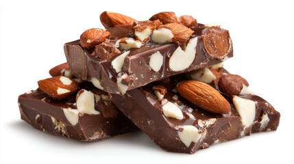 Three pieces of chocolate with almonds stacked on top of each other. The chocolate is rich and creamy, and the almonds add a crunchy texture. Concept of indulgence and luxury
