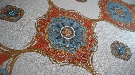 Elaborate floral patterns in blue orange and gold adorn a textured surface showcasing the skillful craftsmanship and vibrant colors. This artwork adds elegance to any space.