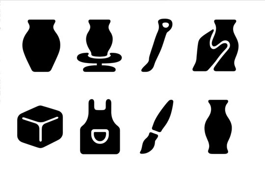 Black Pottery Icons Set. Pottery. Filled icon set of Pottery: clay pot, potter wheel, carving tool, hand