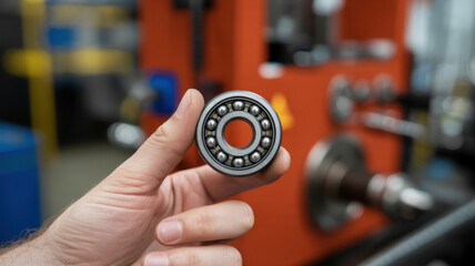Fototapeta premium Hand holding ball bearing in industrial setting metal
