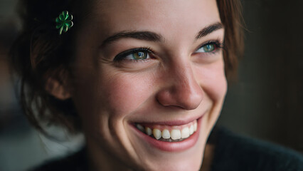 Joyful Woman Portrait with Subtle St. Patrick's Day Pin