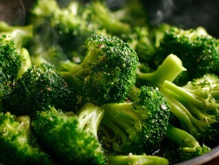 Fresh broccoli florets flying, cooking vegetable close-up, healthy food concept photo. Sprinkling spices, vibrant green color, raw or steamed. Dynamic photo of flying broccoli florets.
