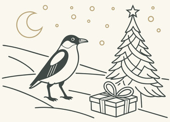 Charming winter scene with a bird, Christmas tree, present, crescent moon and snowflakes, perfect for festive greetings and holiday promotions