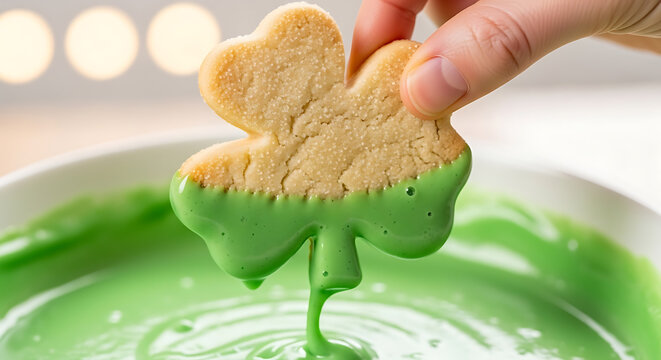 Hand Dipping Shamrock Cookie in Green Frosting
