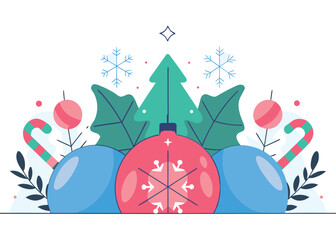 Celebrate the joy of the season with this festive holiday scene featuring ornaments, snowflakes, and candy canes for a modern Christmas design.