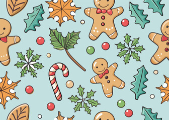Festive Christmas Cheer with Gingerbread Men, Candy Canes and Holly Leaves create a vibrant and cheerful seasonal pattern for holiday crafts and designs