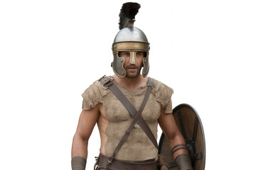 Fototapeta premium Muscular Roman gladiator in helmet and armor holding shield transparent background male warrior