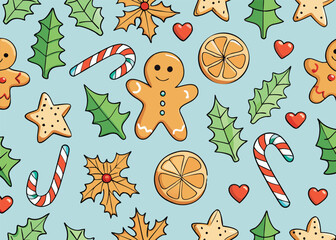 Festive holiday spirit with gingerbread men, candy canes, and holly seamless pattern for joyful Christmas designs and backgrounds on light blue