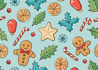 Festive Christmas pattern with gingerbread men, candy canes, and holly leaves creating a joyful holiday mood for winter celebrations and seasonal cheer