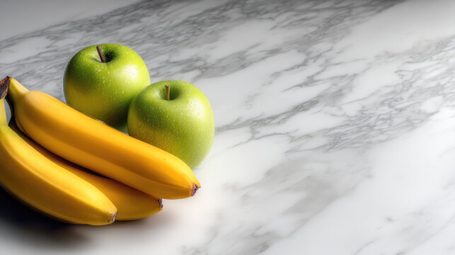 Green apple banana fresh fruit marble surface healthy snack vibrant color natural light minimal style - Powered by Adobe