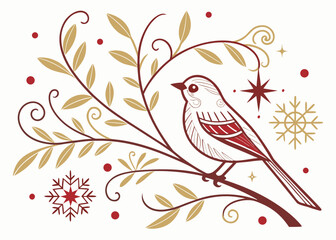 Festive bird perched on branch with snowflakes and stars for elegant winter holidays greeting cards, seasonal promotions, and charming Christmas designs