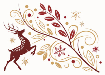 Festive holiday season with a leaping reindeer among snowflakes and elegant botanical flourishes, perfect for cards, invitations, and seasonal designs