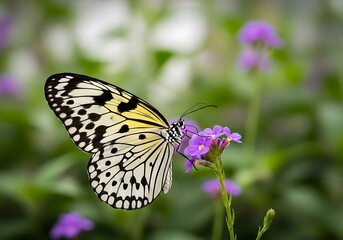 Naklejka premium Beautiful paper kite butterfly with black and white wings resting on a delicate purple flower in a garden