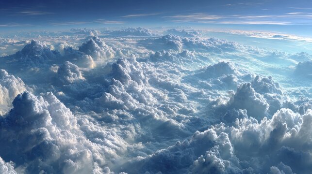 Bright blue sky and soft white clouds from above, capturing a beautiful aerial scene perfect for stock market visuals and inspirational backdrops