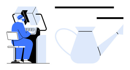 Individual seated at advanced computer setup paired with a watering can symbolizing care, growth, and nurturing. Ideal for technology, innovation, creativity, productivity, sustainability