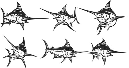 Aggressive marlin fish mascot poses for sport fishing team emblems