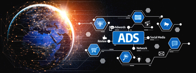 Visual representation of global digital marketing featuring Earth, social media icons, and advertising networks illustrating the impact of online business strategies and engagement. Tessel