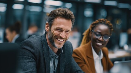 Business professionals collaborate happily in modern office on stock market project while laughing